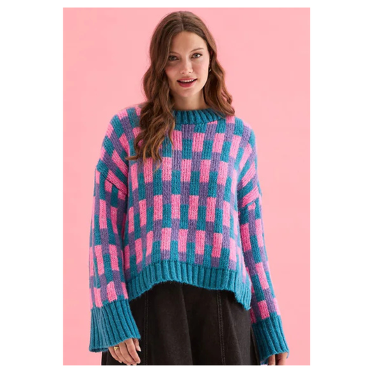 Cara and the Sky Charlotte Geometric Knit Jumper Pink/Teal