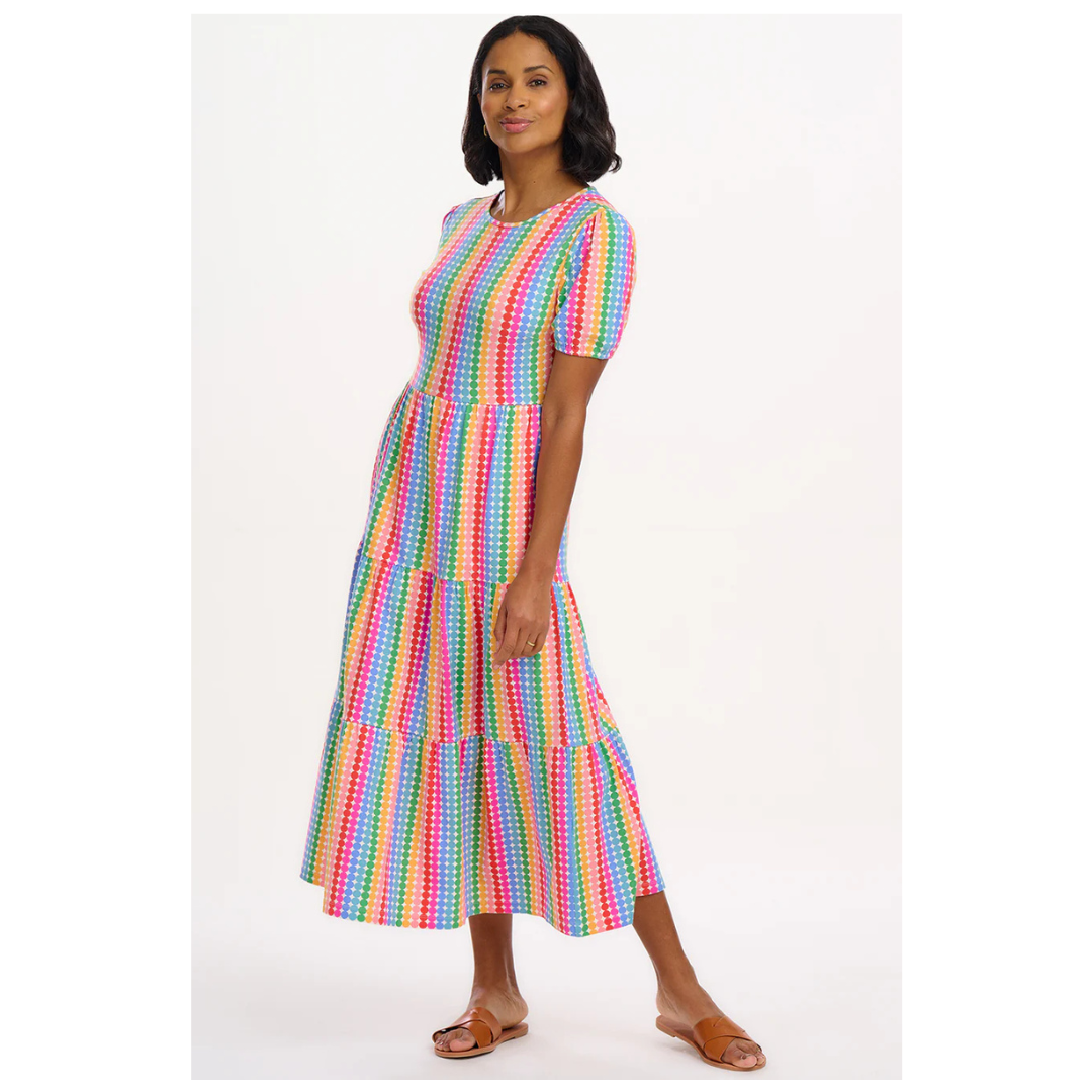 Sugarhill Brighton Minerva Jersey Tiered Midi Dress Rainbow Circles D1292