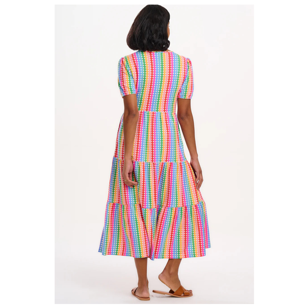 Sugarhill Brighton Minerva Jersey Tiered Midi Dress Rainbow Circles D1292