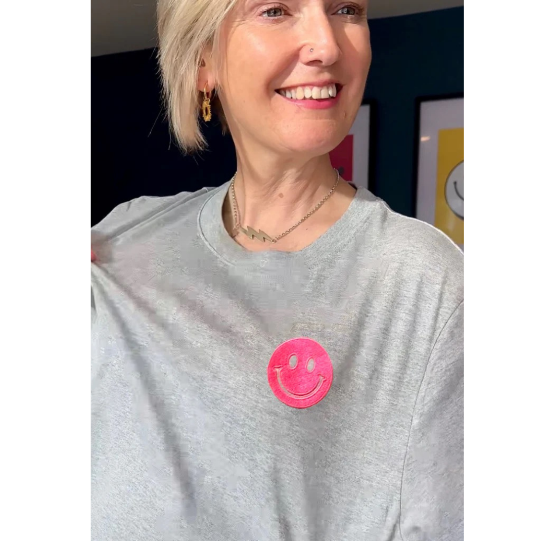 Percy & Nell Embroidered Organic Smiley Face T Shirt Grey