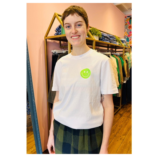 Percy & Nell Embroidered Organic Smiley Face T Shirt White/Green