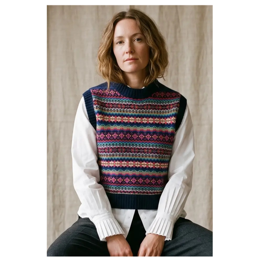 Humanity Hand Felted Cashmere Wool Fairisle Vest Navy Multi