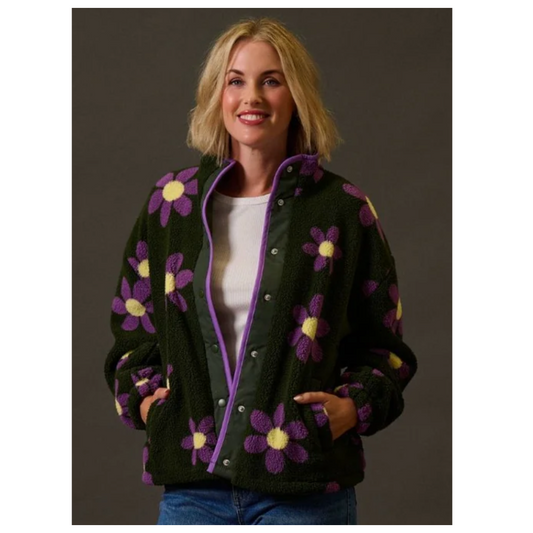 Sugarhill Brighton Remi Popper Fleece Olive Retro Daisy J0019