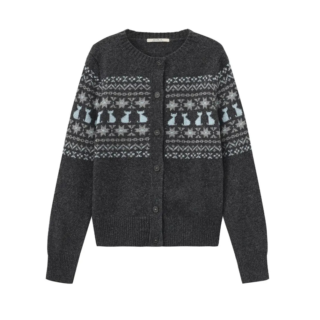 Cubic Cat Fairisle Wool Blend Cardigan Gray