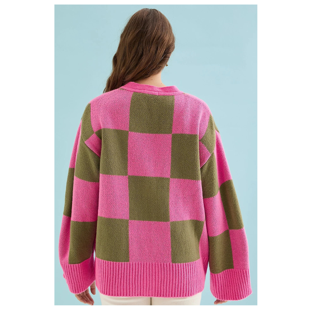Cara and the Sky Candice Check Button Cardigan Pink/Green
