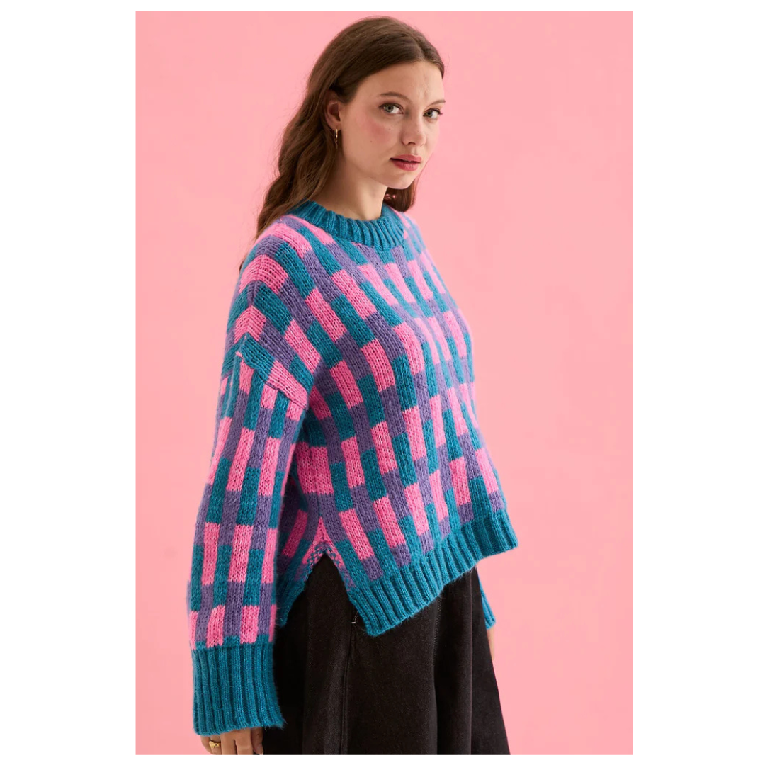 Cara and the Sky Charlotte Geometric Knit Jumper Pink/Teal