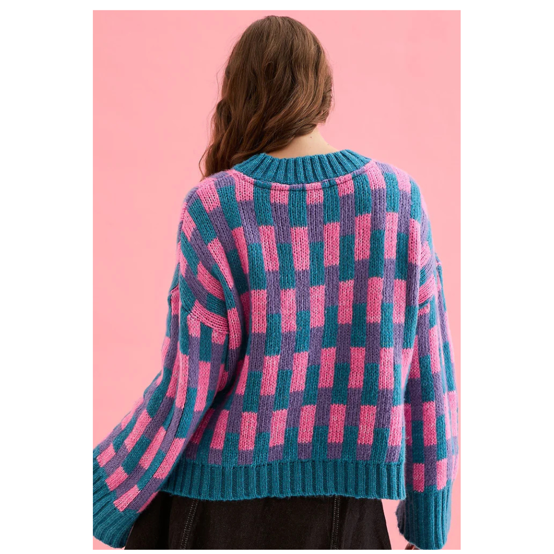 Cara and the Sky Charlotte Geometric Knit Jumper Pink/Teal