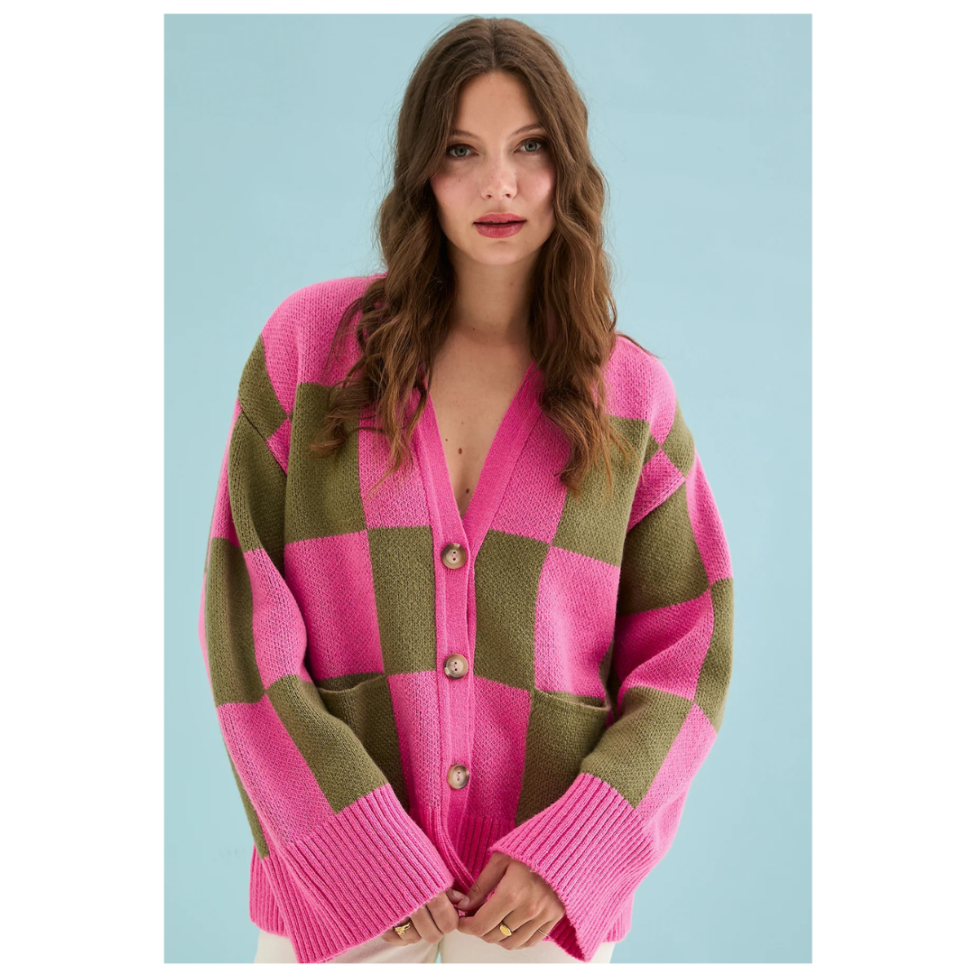 Cara and the Sky Candice Check Button Cardigan Pink/Green