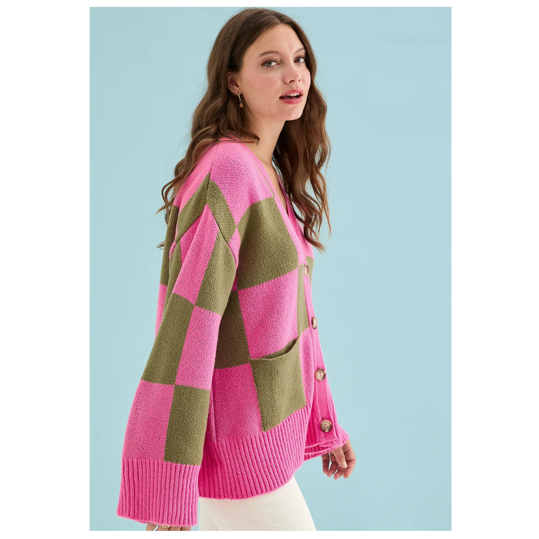 Cara and the Sky Candice Check Button Cardigan Pink/Green