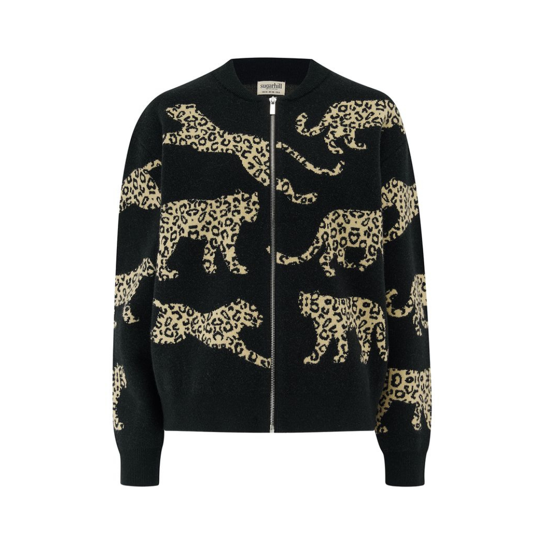 Sugarhill Brighton Solana Knitted Bomber Jacket Monochrome Leopard K0991