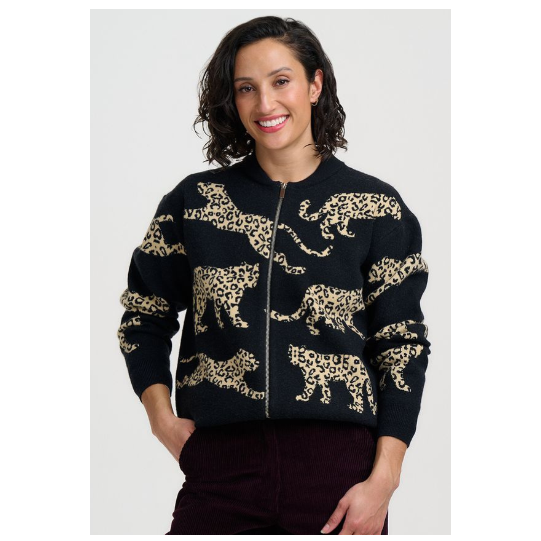 Sugarhill Brighton Solana Knitted Bomber Jacket Monochrome Leopard K0991