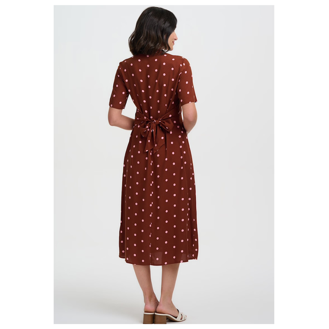 Sugarhill Brighton Celeste Midi Shirt Dress Brown/Pink Polka D1520