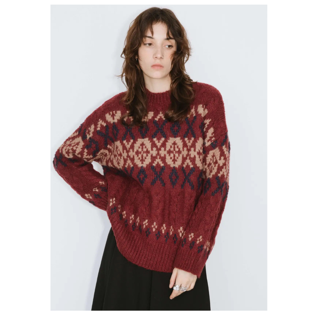 Cubic Mock Neck Boxy Knit Sweater Dark Red