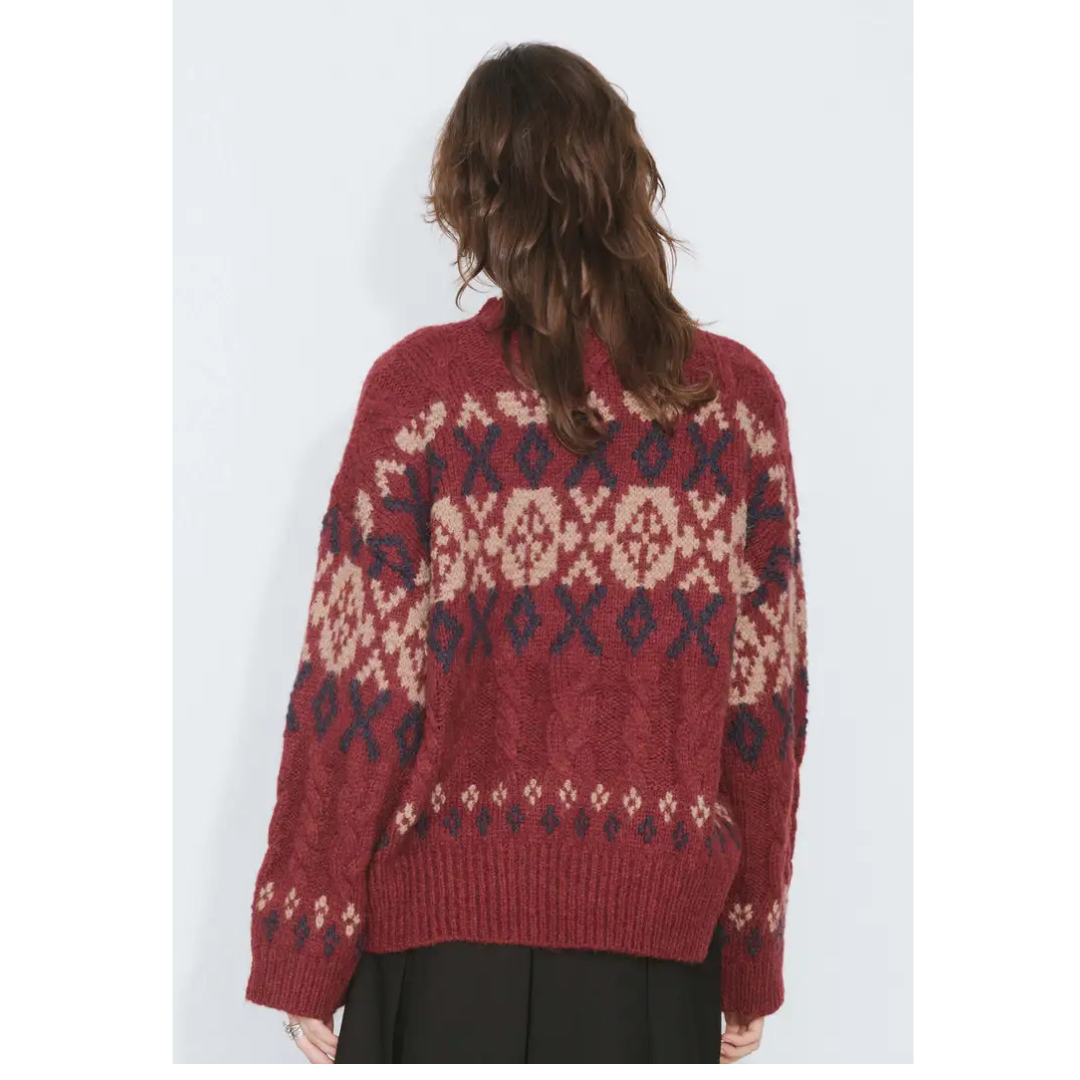 Cubic Mock Neck Boxy Knit Sweater Dark Red
