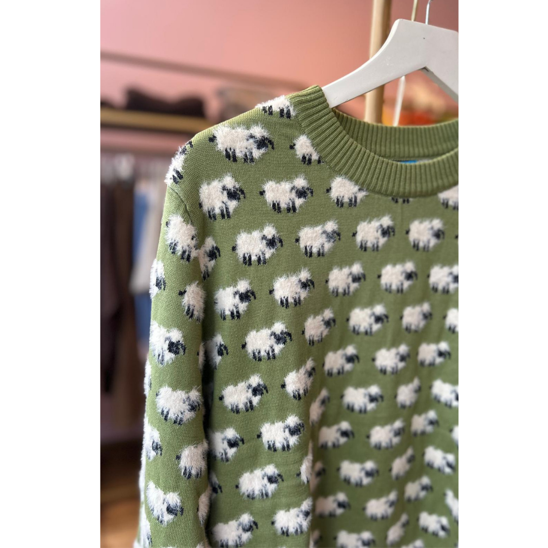 Pretty Vacant All Over Fluffy Sheep Sweater Green