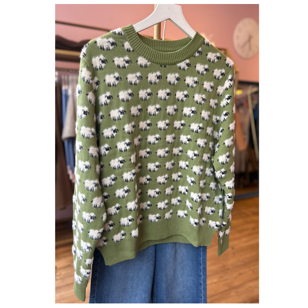Pretty Vacant All Over Fluffy Sheep Sweater Green