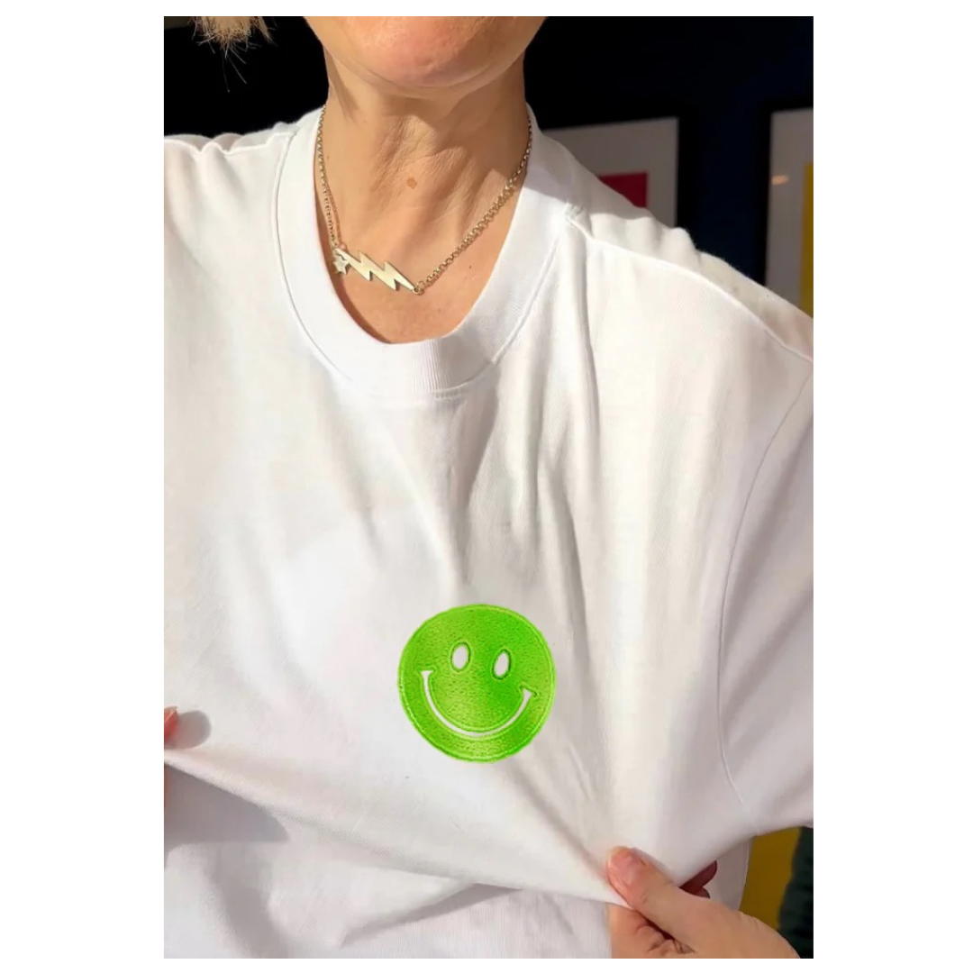 Percy & Nell Embroidered Organic Smiley Face T Shirt White/Green