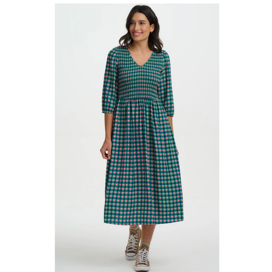 Sugarhill Brighton Della Shirred Midi Dress Navy Heart D1435