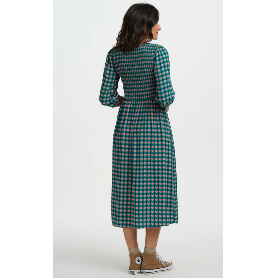 Sugarhill Brighton Della Shirred Midi Dress Navy Heart D1435