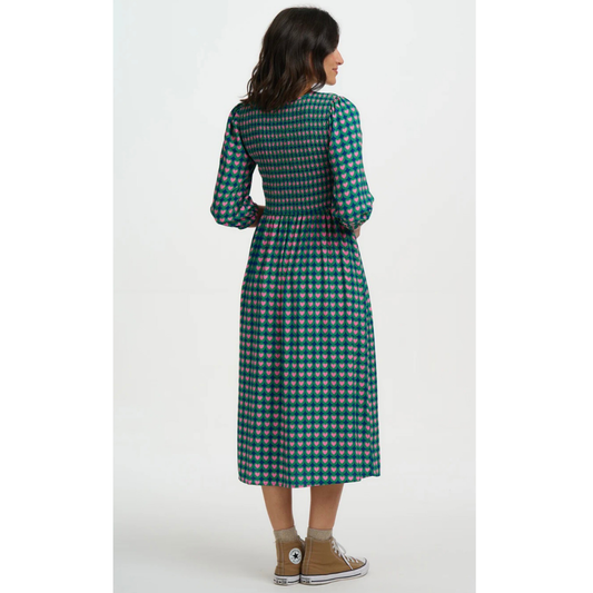 Sugarhill Brighton Della Shirred Midi Dress Navy Heart D1435