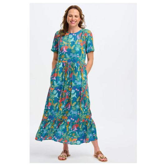 Sugarhill Brighton Vicky Maxi Smock Dress Teal Rainbow Jungle