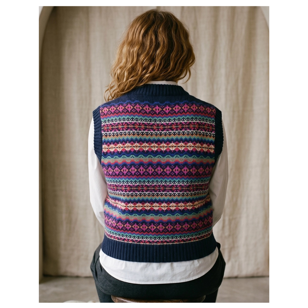 Humanity Hand Felted Cashmere Wool Fairisle Vest Navy Multi