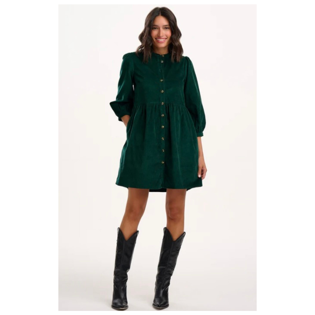 Sugarhill Brighton Brandy Mini Smock Dress Green Cord D1369