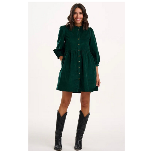 Sugarhill Brighton Brandy Mini Smock Dress Green Cord D1369