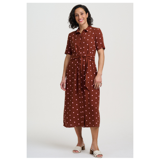 Sugarhill Brighton Celeste Midi Shirt Dress Brown/Pink Polka D1520