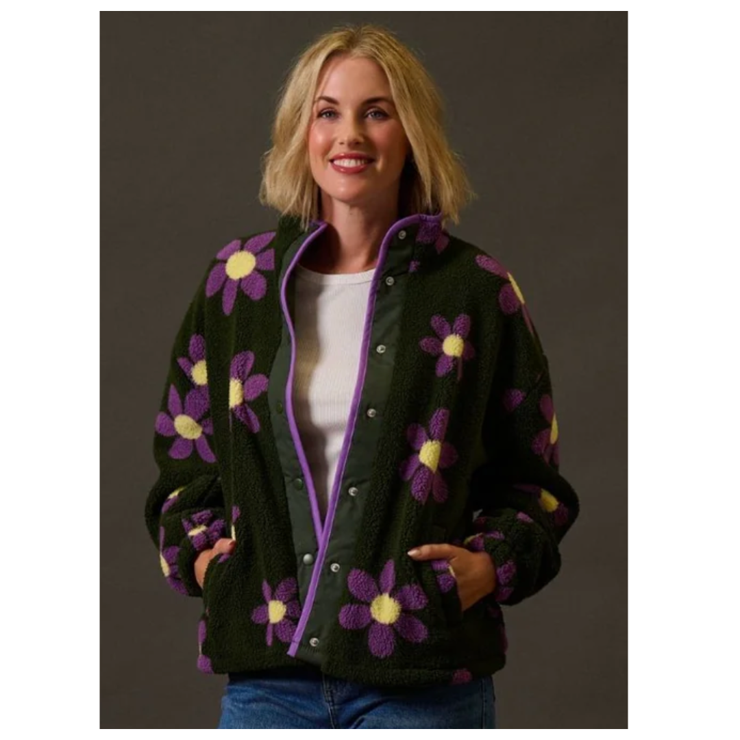 Sugarhill Brighton Remi Popper Fleece Olive Retro Daisy J0019